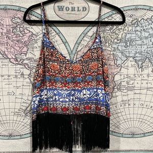 Forever 21 Spaghetti Strap printed black tassel tank top